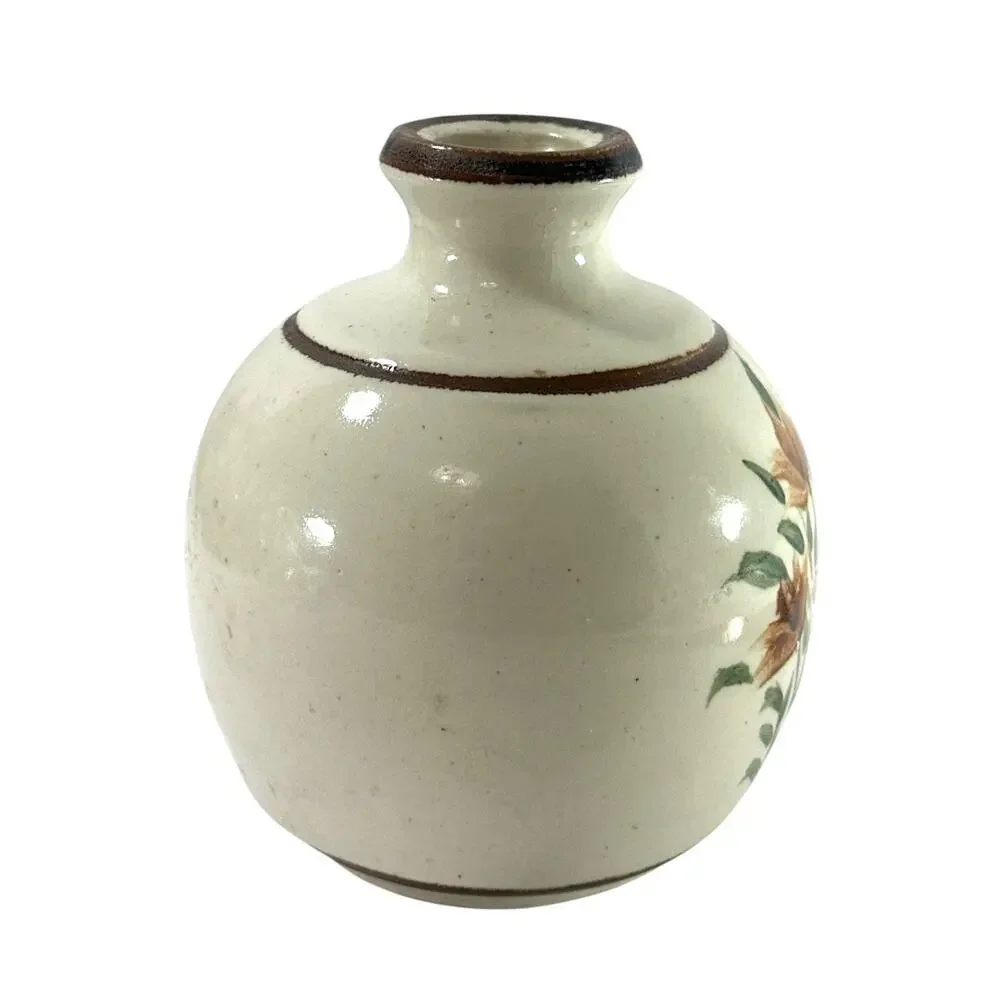 Vintage Hand Painted Stoneware Vase Floral Butterfly Folk Art Pottery 5” Heavy